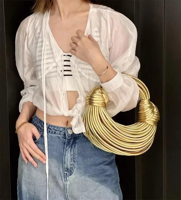 Handbags for women 2025 new in gold luxury designer brand handwoven noodle bags rope knotted pulled hobo silver evening