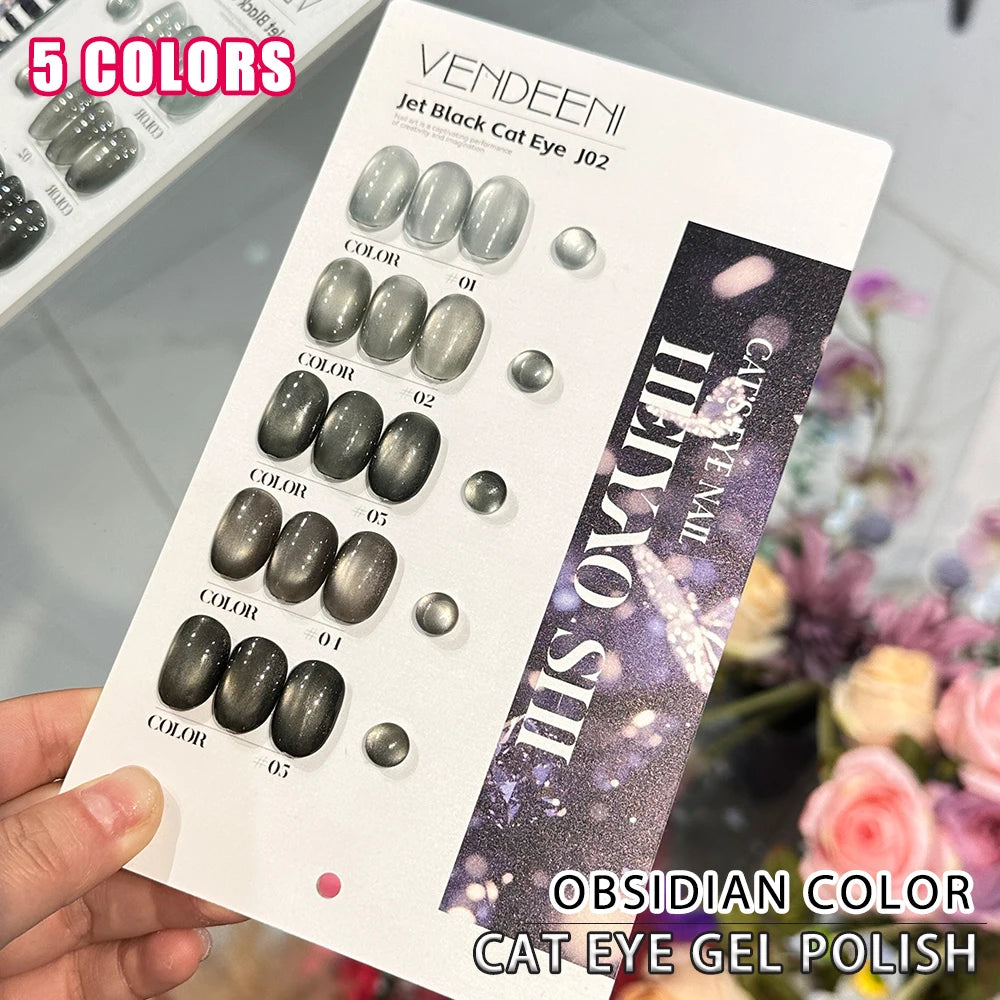 Vendeeni 5 Color/Set Obsidian Cat Eye Gel Nail Polish Magnetic UV LED Gel Varnish Black Crystal Cat Eye Gel Lacquer With Display