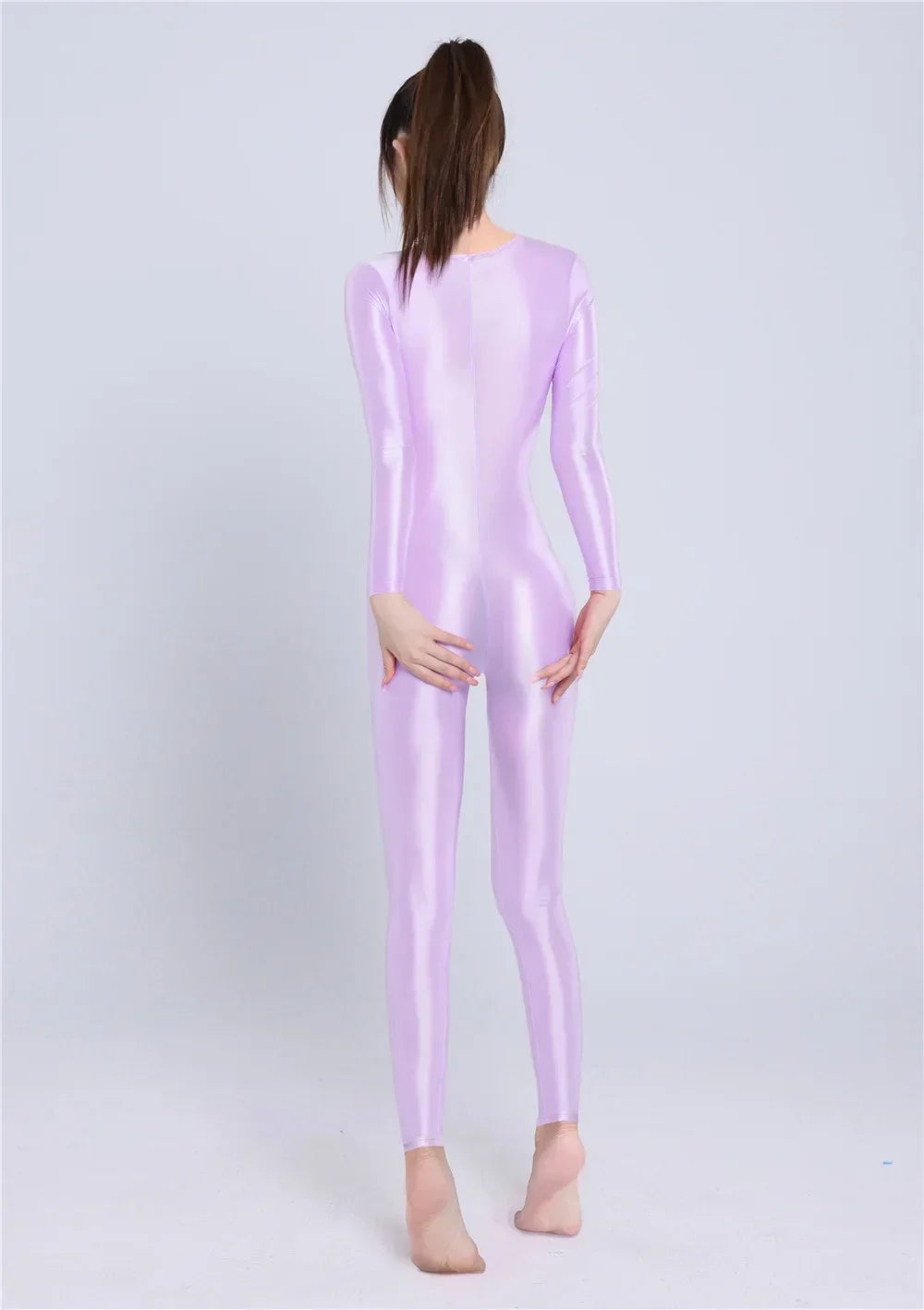 Women's Sexy Yoga Shaper Jumpsuit Dance SM Wear Oil Glossy High Elastic Long Sleeves Bodysuit Sheer Slip Satin Slimming Tights