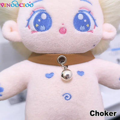 20cm Cotton Doll Choker Skull Necklace with Chains Bell Leather Leadrope Handmade Cotton Doll Accessories