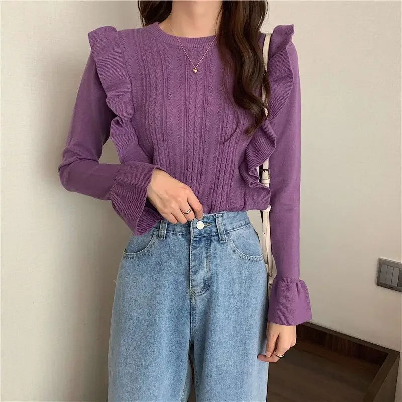 Ladies Sweaters Pullovers Round O Neck Grey Knitted Top for Women Jersey Winter 2025 Jumper Economics Long Sleeve Thermal Blouse