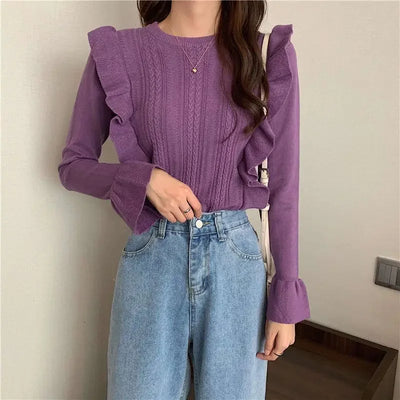 Ladies Sweaters Pullovers Round O Neck Grey Knitted Top for Women Jersey Winter 2025 Jumper Economics Long Sleeve Thermal Blouse