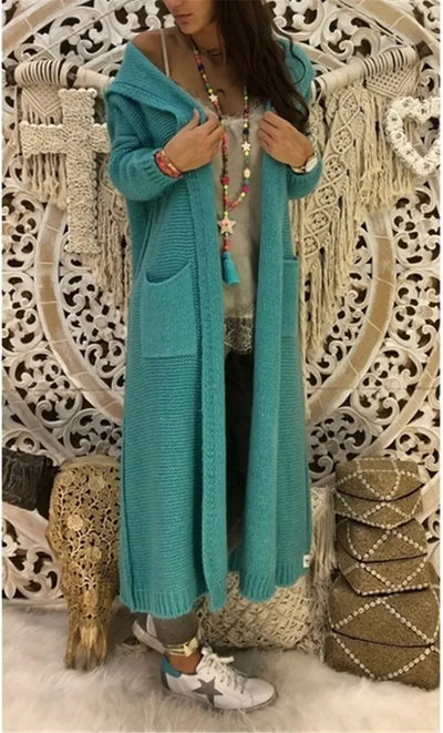 Long Sweater Women Knitted Cardigan Autumn Winter Solid Color Loose Hooded Pocket Casual Fashion Sweaters Lugentolo