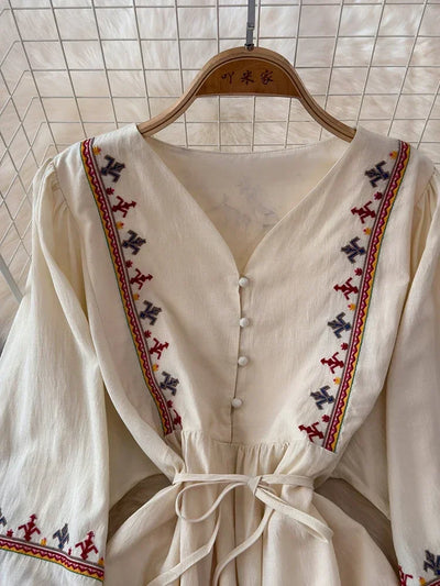 European American Style Women's New Cotton Linen 2024 Fashionable Lace Up Waist Slimming Patchwork Embroidered Short Dress A132