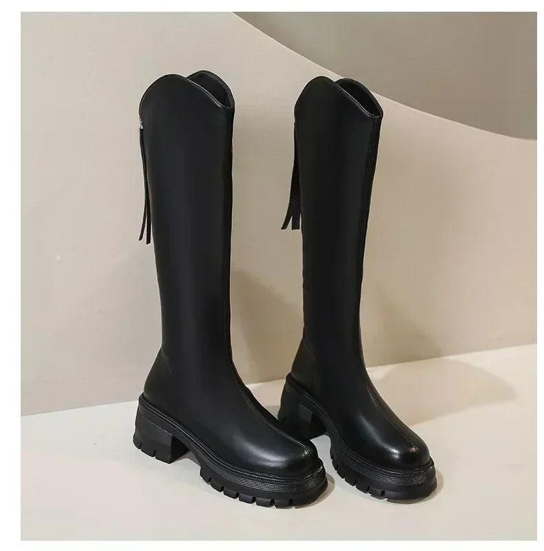 Long tube boots for women 2025 winter new height increasing knight thick heel retro versatile women’s