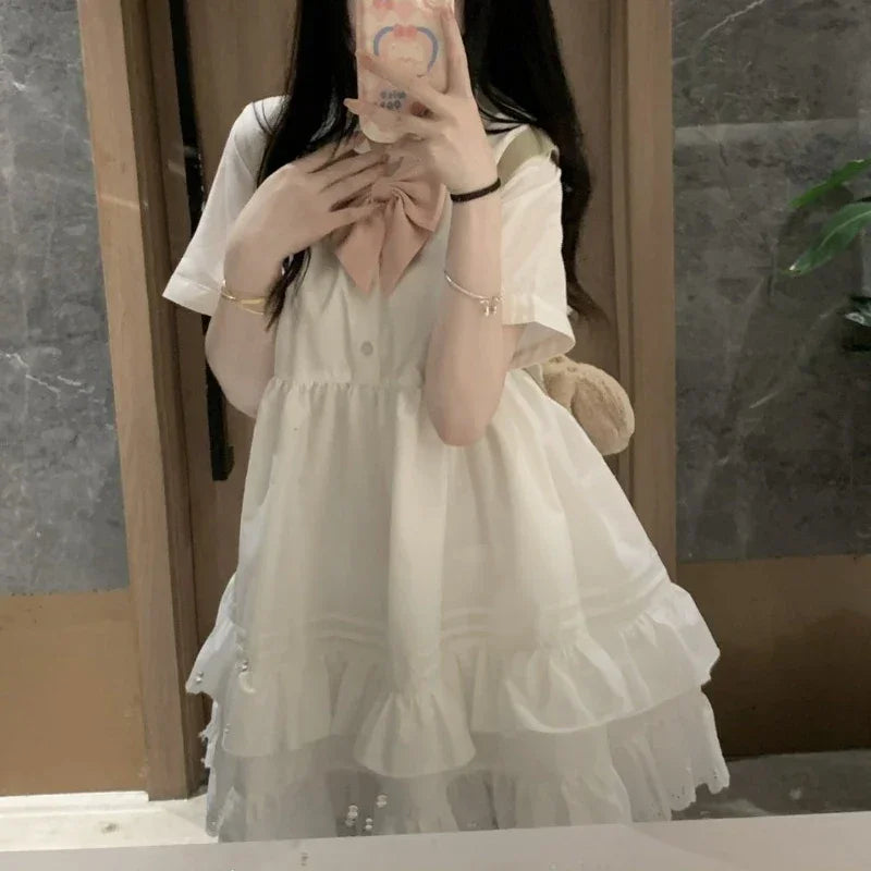 Sweet Summer Dress for Women Bow Tunic A-line Summer Robe Femme Short Sleeve Ruffles Cute Loose Dresses 2025 Vestidos De Mujer