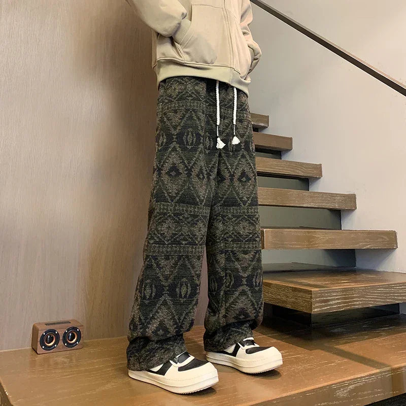 Wide leg pants Men's Vintage Geometric Knitted jacquard pants Casual Straight  Pants Ethnic Tribal Style Winter Trousers man