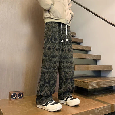 Wide leg pants Men's Vintage Geometric Knitted jacquard pants Casual Straight  Pants Ethnic Tribal Style Winter Trousers man