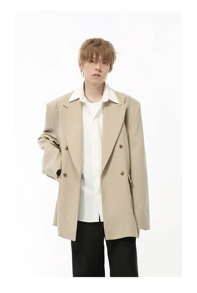 IEFB Korean Style Men's Blazers Double Breasted Shoulder Padded Tops Turn-down Collar Solid Color Loose Male Suit Jackets 9C8669
