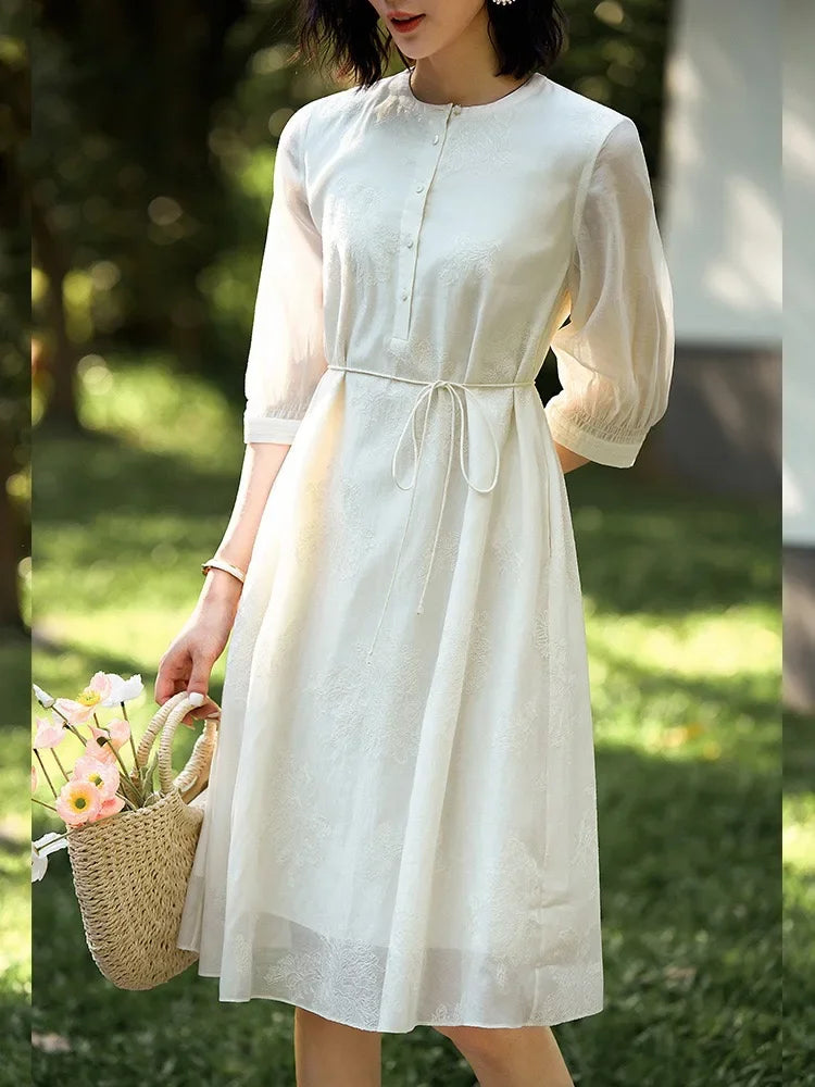 Designer Summer Dress Women O-Neck Silk Half Sleeve High Waist Elegant Party Dress White