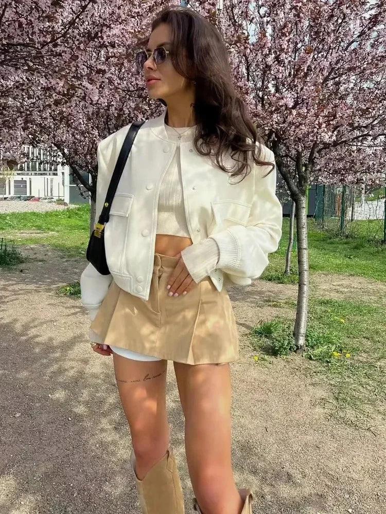 Button bomber cropped jackets woman coat autumn winter outerwear