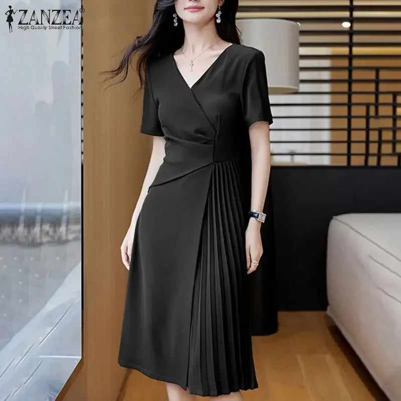 Summer Women Elegant OL Work Sundress V Nek Party Dress 2024 ZANZEA Fashion Short Sleeve Robe Femme Solid Pleated Midi Vestidos