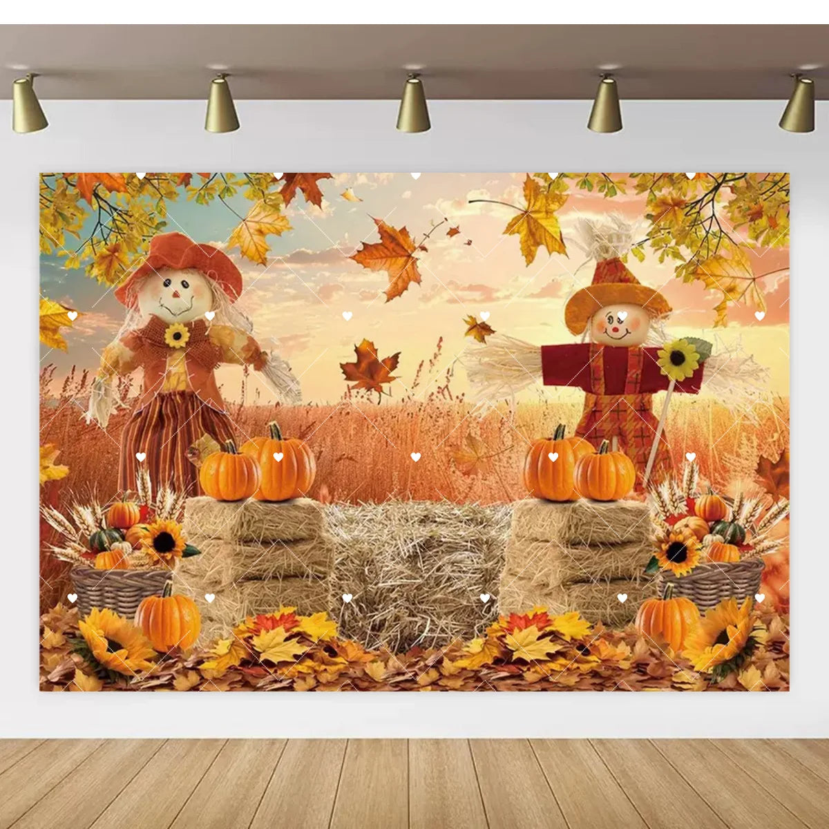 Autumn Thanksgiving Party Photo Backdrop Farm Harvest Maple Leaves Sunflowers Scarecrow Pumpkin Backdrop Poster Studio Photozone