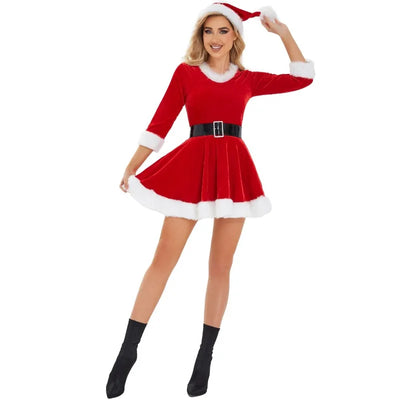 Christmas Women Dress Sexy Santa Costume Performance Outfit Adult Festive Cosplay Femininos Uniform Set with Hat Party Dresses