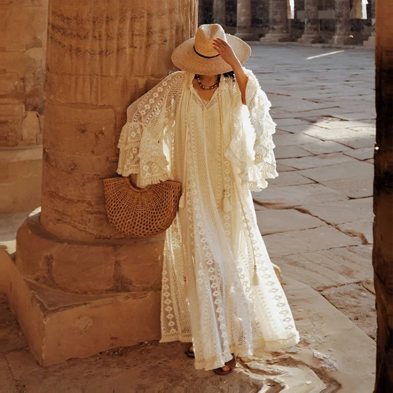 TIYIHAILEY Lace Embroidery Spring Women Dresses Full Flare Sleevev Beige Loose Ladies Clothing Fashion Long Maxi 2025 2pcs New