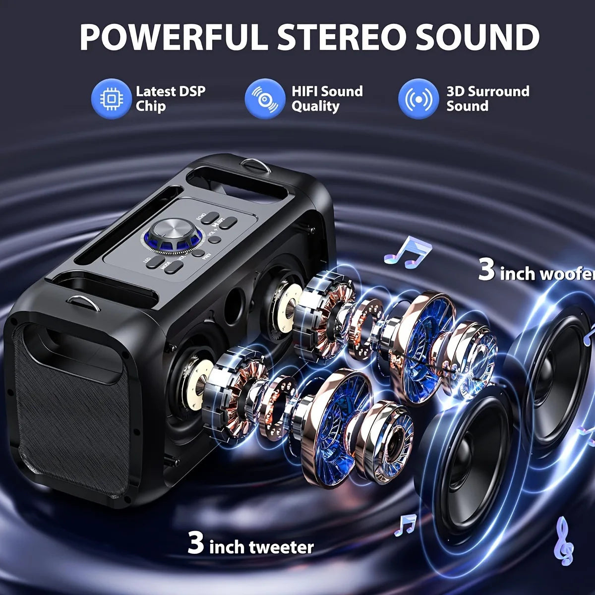 Portable wireless speaker (with subwoofer and wired microphone dual speaker), RGB party light, 2400mAh battery, supports TWS