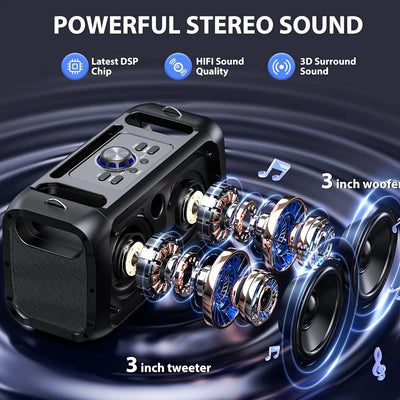 Portable wireless speaker (with subwoofer and wired microphone dual speaker), RGB party light, 2400mAh battery, supports TWS