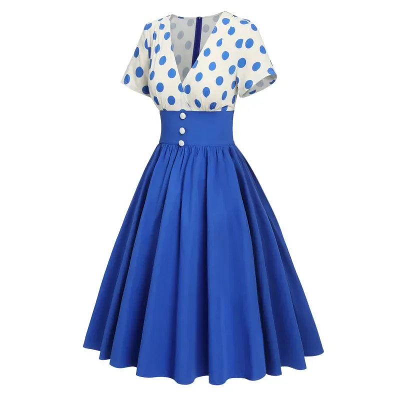 Polka Dot Women Summer Dresses Hepburn Style V-Neck Short Sleeve Vintage Print Patchwork Party Dress Casual A-Line