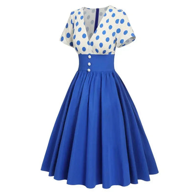 Polka Dot Women Summer Dresses Hepburn Style V-Neck Short Sleeve Vintage Print Patchwork Party Dress Casual A-Line