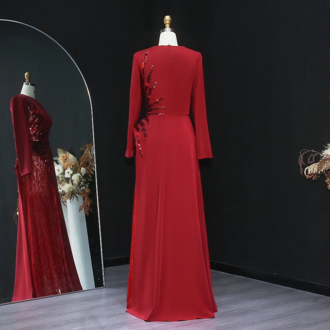 Sharon Said Wine Red Sequined Lace Evening Dresses with Full Sleeves for Women Wedding Party Gown SF266 Customized فساتين سهرة