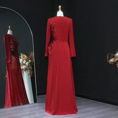 Sharon Said Wine Red Sequined Lace Evening Dresses with Full Sleeves for Women Wedding Party Gown SF266 Customized فساتين سهرة