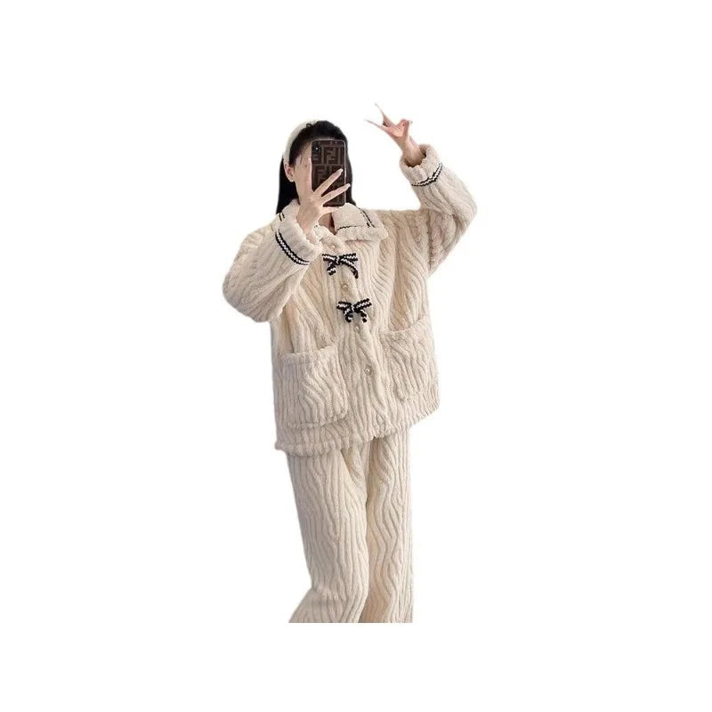 Women Fall Winter 2/pce Set Pajamas Flannel Loungewear Women Coral Thickened Fleece Sweet Princess Style Thermal Clothes Pajama