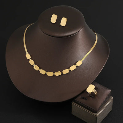 Fine Jewelry Set Stainless steel double layer clavicle chain Necklace+Earrings + Ring Gold Jewelry Sets For Women  Charm Jewelry