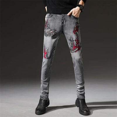 Men's Chinese Dragon Embroidery Jeans Fashion Kylin Embroidered Slim Pencil Pants Stretch Denim Trousers jeans for men pants
