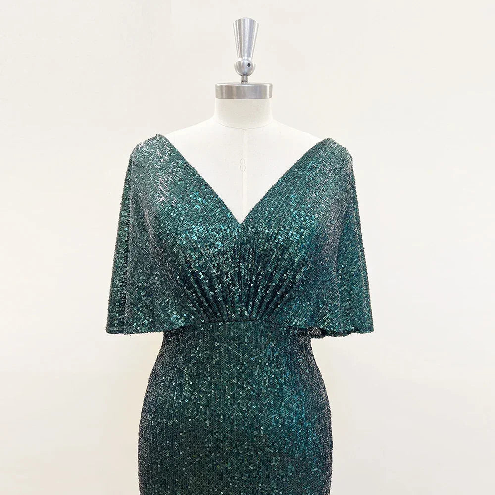 Elegant Sequin Evening Dresses for Women 2025 V Neck Mermaid Cape Sleeves Plus Size Wedding Prom Formal Party Gowns Customized