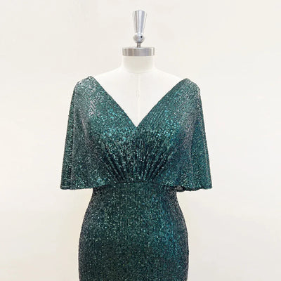Elegant Sequin Evening Dresses for Women 2025 V Neck Mermaid Cape Sleeves Plus Size Wedding Prom Formal Party Gowns Customized