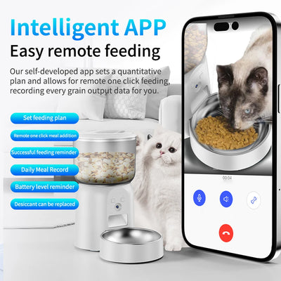3L large capacity pet feeder, equipped with high-definition camera and stainless steel food bowl, with application