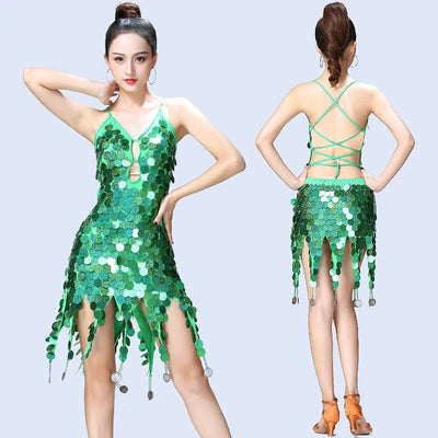 Women's Sexy Deep V Hollow Out Sequin Backless Sling Latin Dance Dress Ladies Charming Salsa Rumba Samba Tango Dancewear