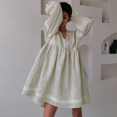 Summer Cotton Linen French Style Dress Commuter Fashion Patchwork Lace Casual Loose Dress Women Sexy V Neck Lantern Sleeve Dress