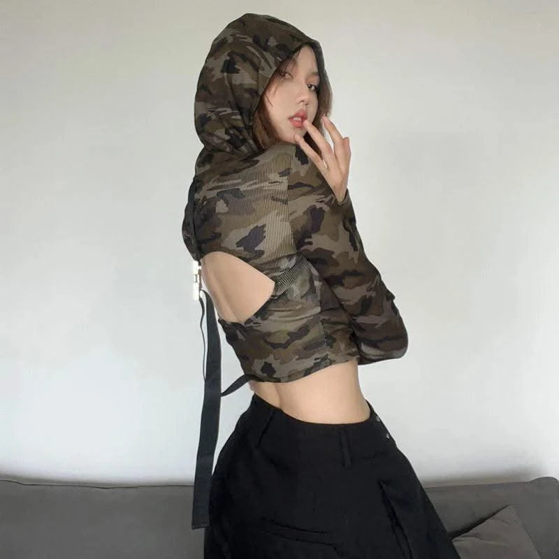 American Camo Streetwear Tops Women Back Hollow Out