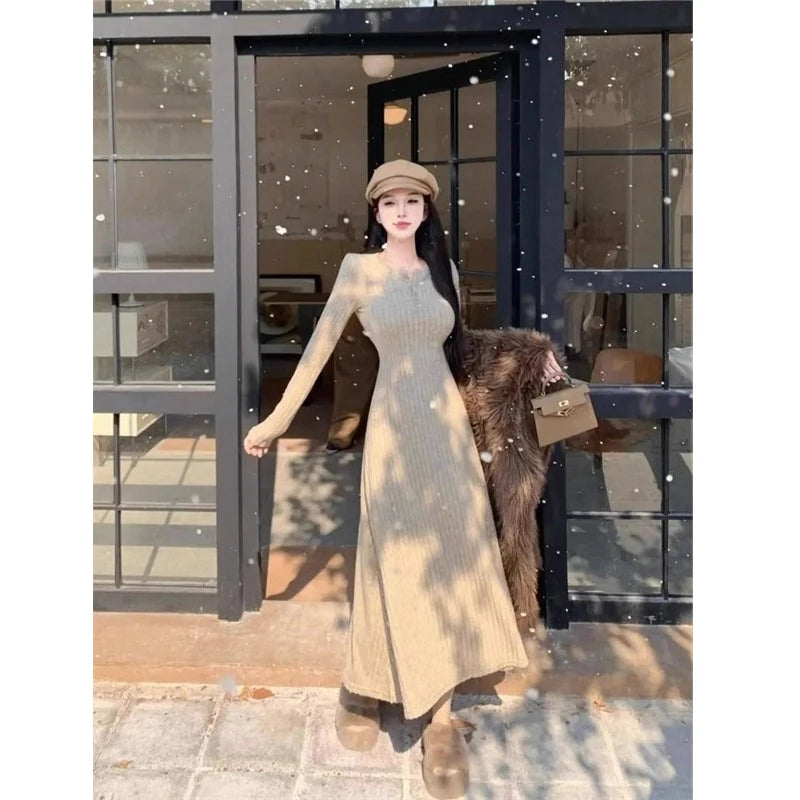 Knitted Sweater Dress Women Casual Long Sleeve French Mid Long Length Knee Dress Coat Ins Fashion Winter Versatile Wardrobe