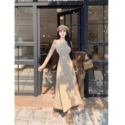 Knitted Sweater Dress Women Casual Long Sleeve French Mid Long Length Knee Dress Coat Ins Fashion Winter Versatile Wardrobe