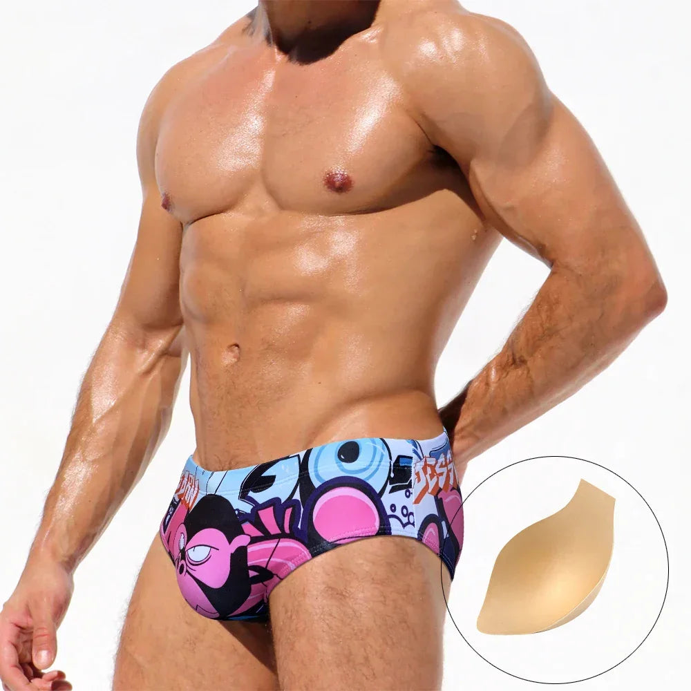 Summer New Swimwear Sexy Mens Cartoon Print Bathing Suit Quick Dry Breathable Swim Briefs Fashion Male Beach Surfing Underwear
