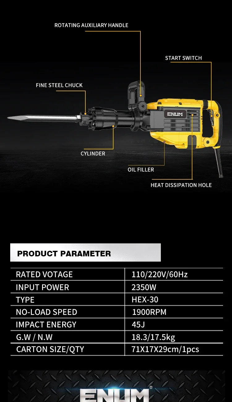 New Desgin Powerful 1800W Industrial Power Tools Hand Hold Electric Pick With Drill Bits