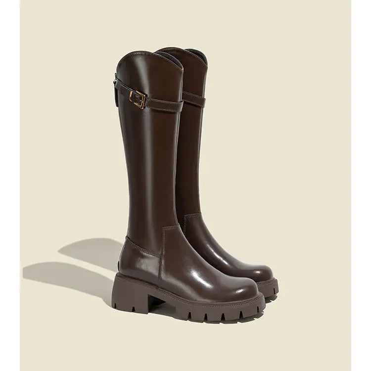 Women Knee High Boots Fashion Knight Long Booties Square High Heels Autumn Winter Warm Short Plush Shoes 2025