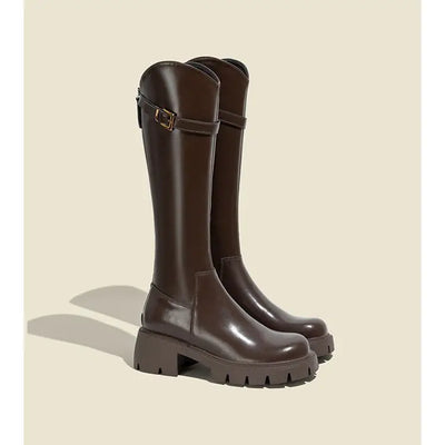 Women Knee High Boots Fashion Knight Long Booties Square High Heels Autumn Winter Warm Short Plush Shoes 2025