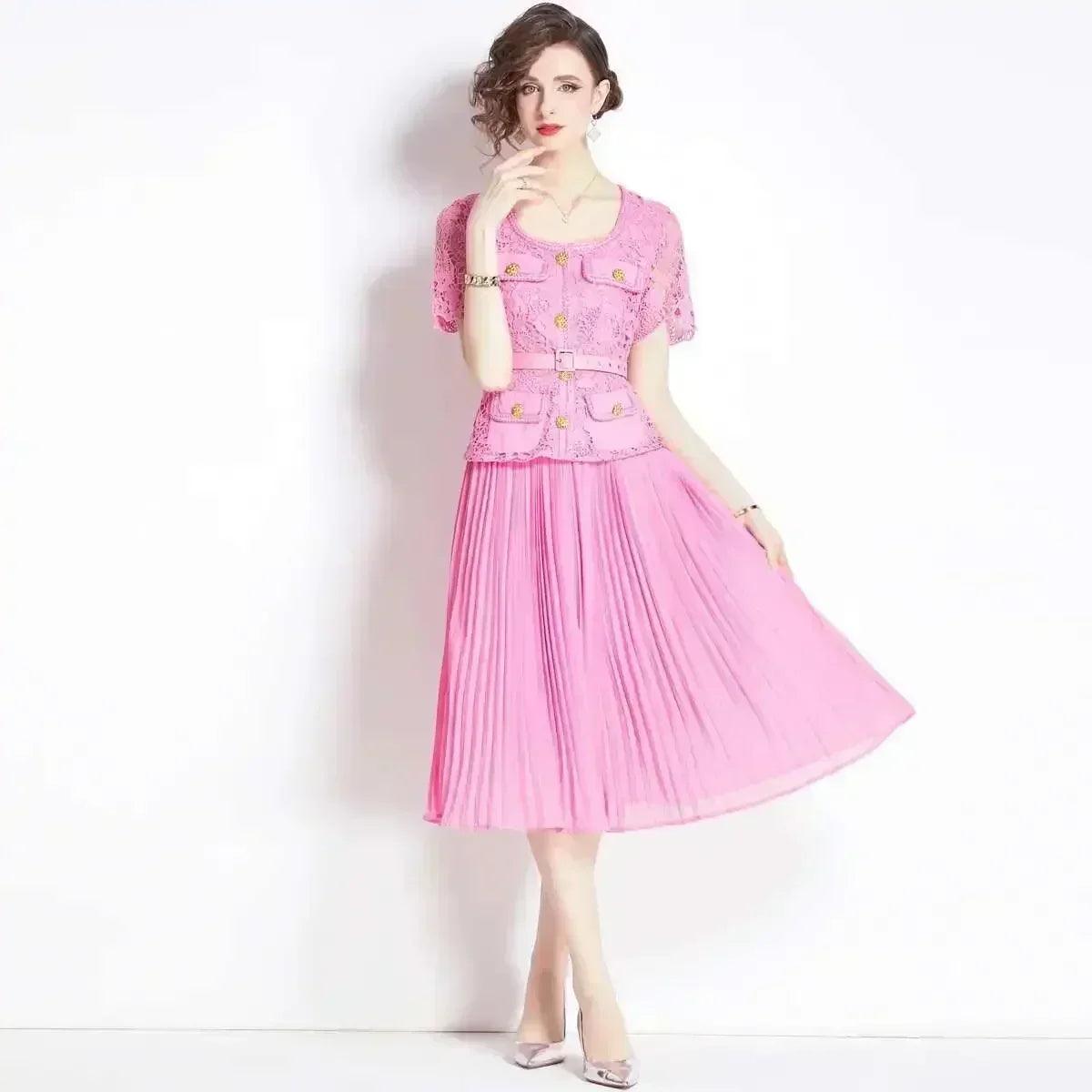 Luxury evening dress women summer vacation short sleeve pleated lace chiffon long dresses white single breasted midi