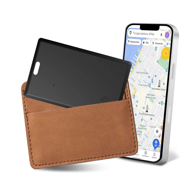 Slim brown leather wallet with black card holder, iPhone slot, and Find My tracker