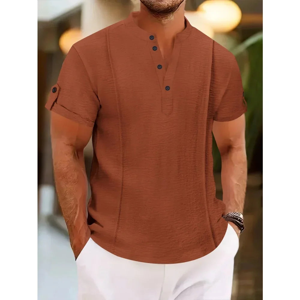 Men's summer new style standing collar short-sleeved POLO Shirts double button front casual outdoor beach wind solid color Tops