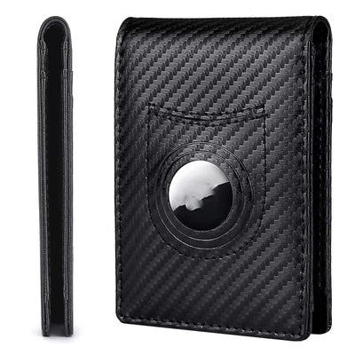 Black carbon fiber wallet with Apple logo and AirTag pocket