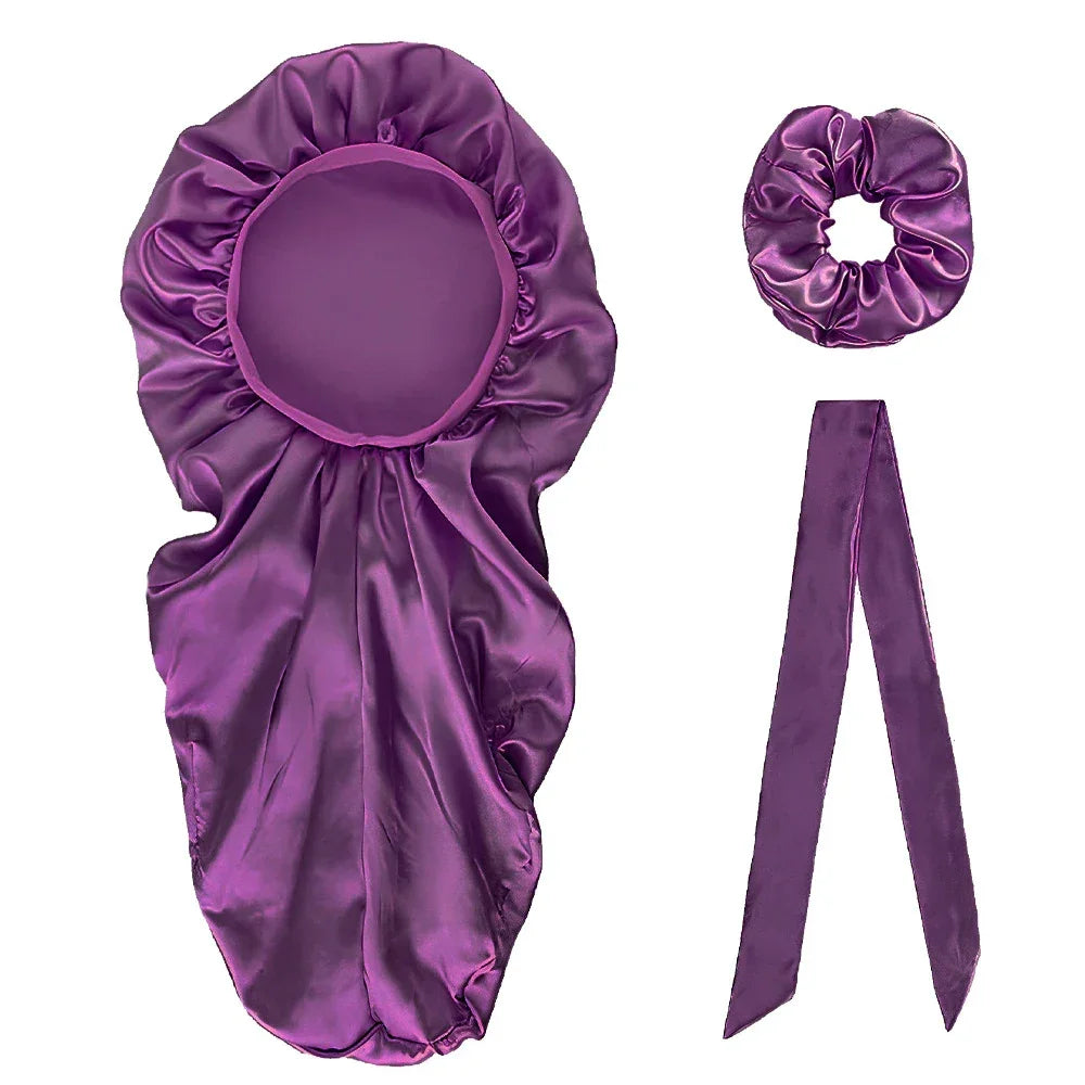 3pcs Long Bonnet Set Long Bonnet Satin Bonnet Silk Bonnet Extra Large Bonnets Silk Hair Bonnet long streamer nightcap