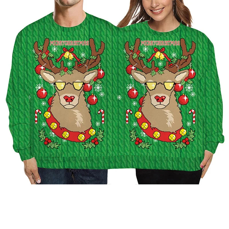 Double Ugly Christmas Couple Sweaters Siamese Twins Pullover 3D Printed Funny Couple Sweatshirt