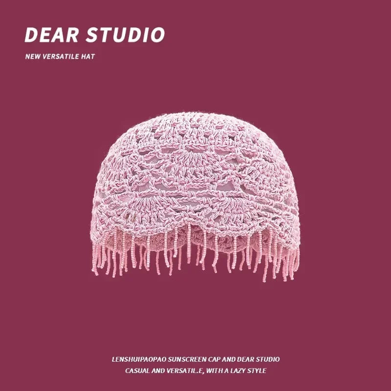 Personalized Beaded Fringed Knitted Beanies for Women Summer Autumn Thin Hollow Versatile Casual Retro Ethnic Style Pullover Hat