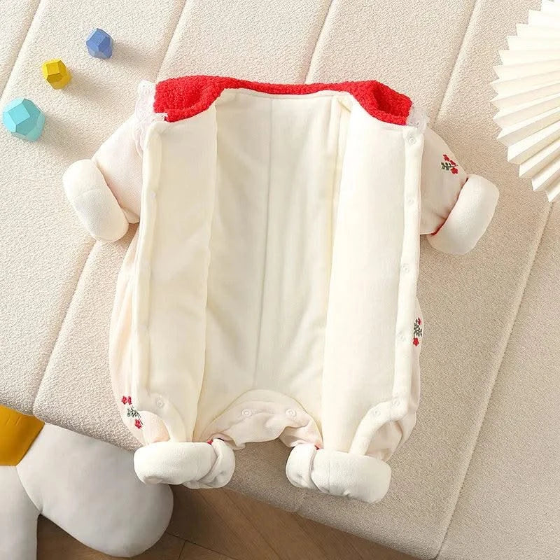 Cute & Thick Floral Peter Pan Collar Fur Lining Jumpsuit/Romper |Fall Winter Baby Clothes 0-2Y Girls |  Newborn |Toddler Outwear