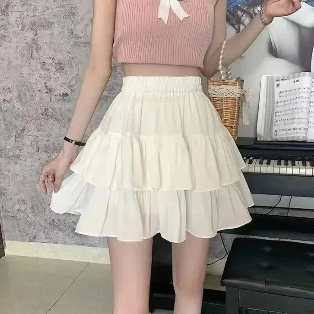 Pleated A-line Skirt White Women Ruffles Sweet Hottie Preppy Style Elastic Elastic Waist Slim Thin Simple Casual Skirts