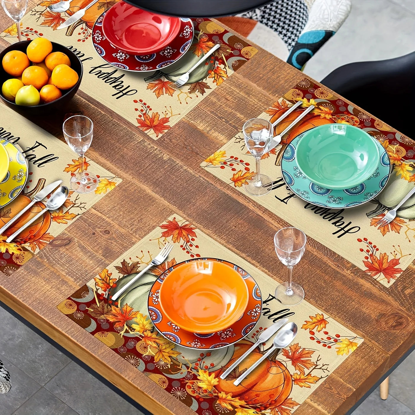 4pcs Thanksgiving Harvest Day Print Placemat Pumpkin Maple Leaf Vinyl Tableware Kitchen TableMat Coffe Cup Pad Non-slip Decorat